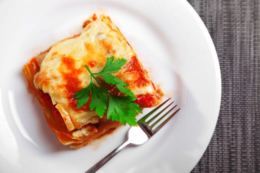 Typical italian lasagna served in a plate, one portion