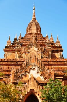 Front view of Htilominlo Temple in Bagan, Myanmar