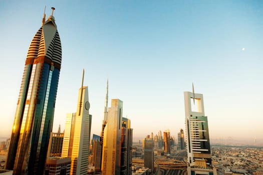 View of Dubai skyline at sunrise from 42th floor terrace of Four Points Sheraton Hotel at Sheikh Zayed Road