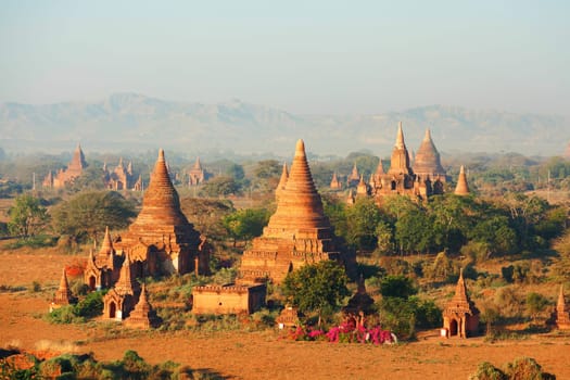 Ancient pagodas in Bagan, blue sky in background