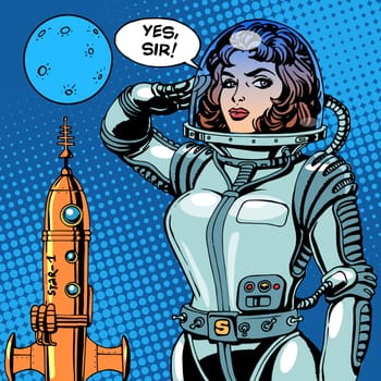 Woman astronaut captain of a spaceship science fiction. Retro style pop art
