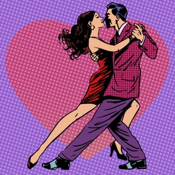 The dance of men and women on the background of hearts. Couple love tango waltz Rumba retro style