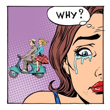 Why girl crying love relationship transport. Tears of the man the man went to the woman on the scooter. The topic of divorce and adultery
