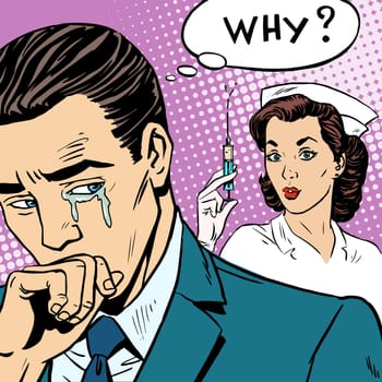 Illness medicine injection syringe man cry health retro style pop art