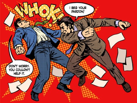 Men fighting street crime emotions anger hate retro style pop art