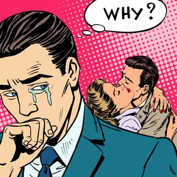 Cheating love a man weeps his wife with her lover. Retro style pop art