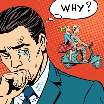 A man weeps love breakup cheating. The woman left with her lover on a scooter