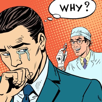 Dentistry male doctor pulled a tooth is crying. Health and medicine retro style pop art