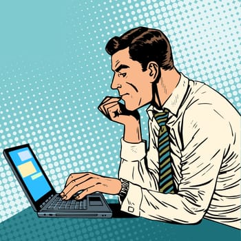 A man working at a laptop. Reviews documents and pages on the Internet