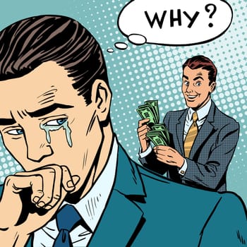 envy competition man crying competitor earned more. Business and Finance retro style pop art