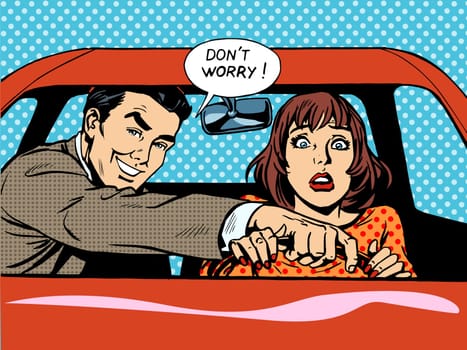 Driving school the driver and the woman in the car. Husband helps his wife to drive