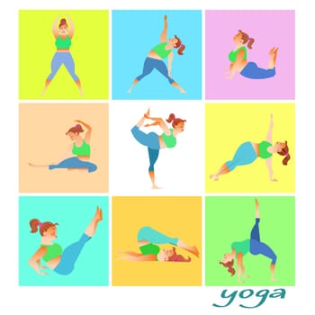 Set yoga fat woman healthy lifestyle home exercises