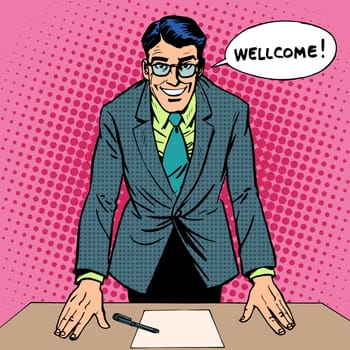 Welcome man work study retro style pop art