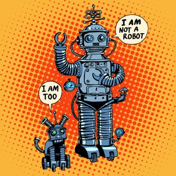 I am not a robot, said robot dog future science fiction retro style