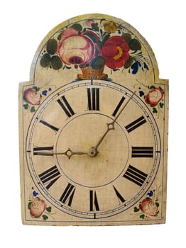 Antique clock face showing the time (Six minutes past nine), isolated on white.