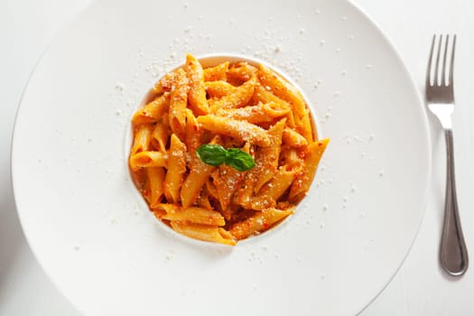 Penne with cream and peppers served in a large plate