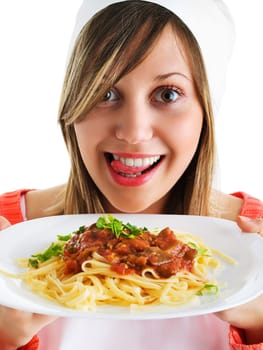 Cheff with spaghetti bolognese isolated on white, expressing positivity, licking her lips