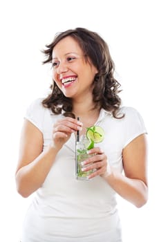 Young woman drinking mojito on white background
