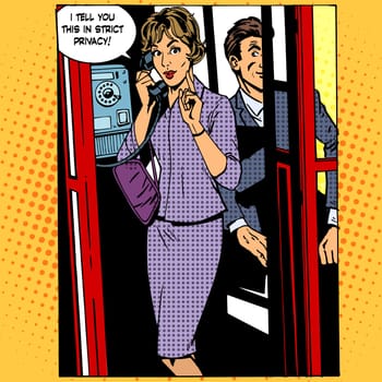 Privacy surveillance the phone conversation the woman. Retro style pop art