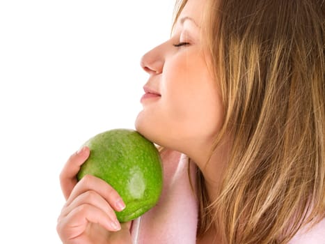 Woman in housecoat with apple