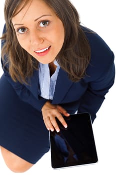 Businesswoman with tablet isolated on white background