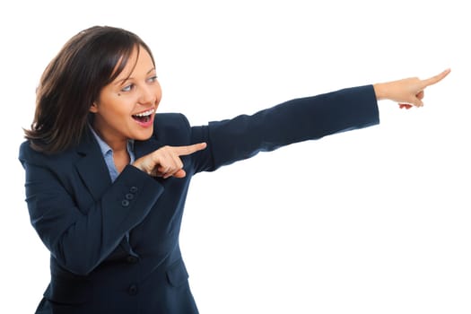 Businesswoman pointing with a finger isolated on white background