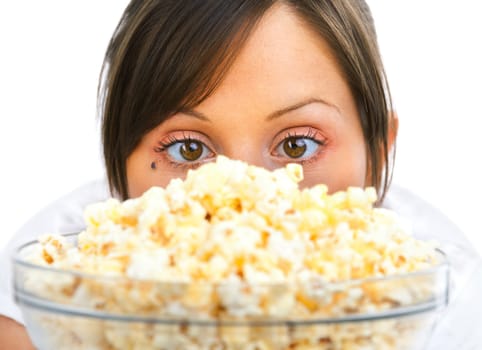 Young woman eating popcorn isolated on white background