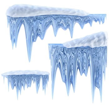 set of hanging thawing and melting blue dripping icicles, as a shiny crystal glass, with crisp spikes in icy winter season time from freezer make around arctic frost with icing on the scene