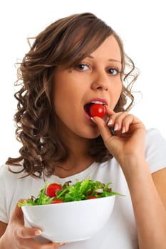 Youg woman eating healthy salad isolated on white background