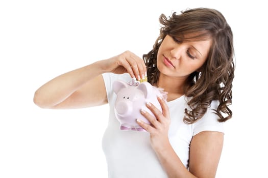 Young woman holding pink pig money-box - Piggy Bank