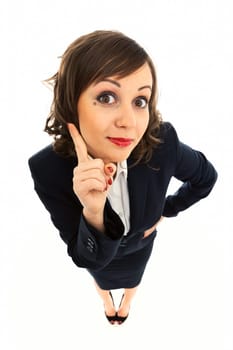Businesswoman punching the air with angerisolated on white background shot with wide angle lenses