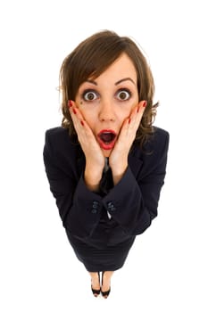 Businesswoman looking shocked and surprised isolated on white background shot with wide angle lenses