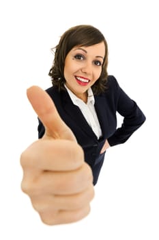 Businesswoman isolated on white background shot with wide angle lenses