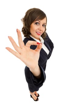 Businesswoman isolated on white background shot with wide angle lenses