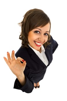 Businesswoman isolated on white background shot with wide angle lenses