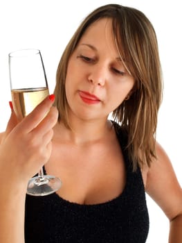 Attractive girl with champagne, on white, close up