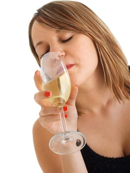 Attractive girl with champagne, on white, close up