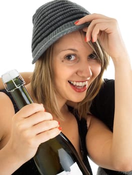 Attractive girl with champagne, on white, close up