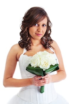 Young bride with wedding bouquet isolated on white background