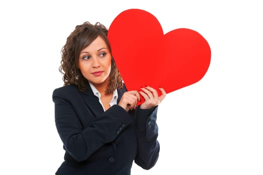 Businesswoman holding red paper heart like a valentine card