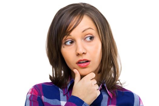 Young woman looking away expressing suspicion isolated on white background, close up