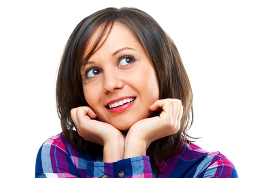 Young woman looking away isolated on white background, close up