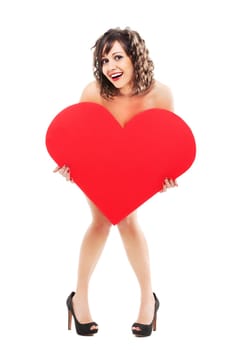 Young attractive woman holding red paper heart like a valentine card