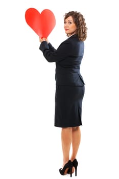 Businesswoman holding red paper heart like a valentine card