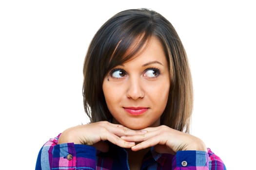 Young woman looking away isolated on white background, close up