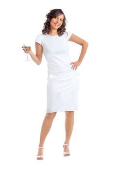 Young woman drinking martini isolated on white