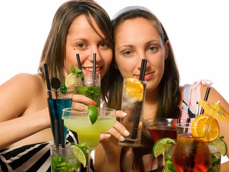 Two girls with a lot of cocktails