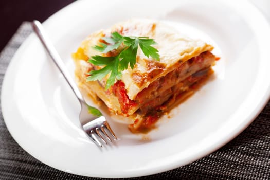Typical italian lasagna served in a plate, one portion