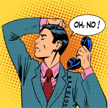 The depressed man talking on phone communication. Retro style pop art