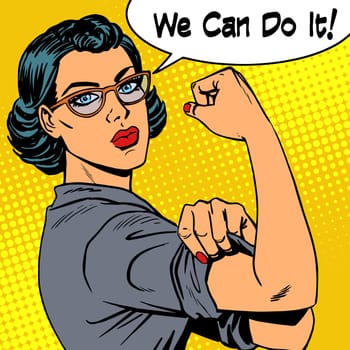 Woman with glasses we can do it the power of feminism. Retro style pop art